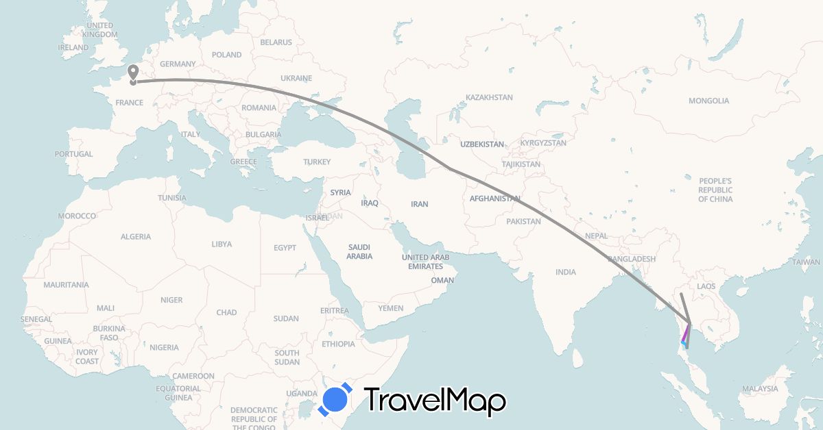 TravelMap itinerary: driving, plane, train, boat in France, Thailand, Turkmenistan (Asia, Europe)
